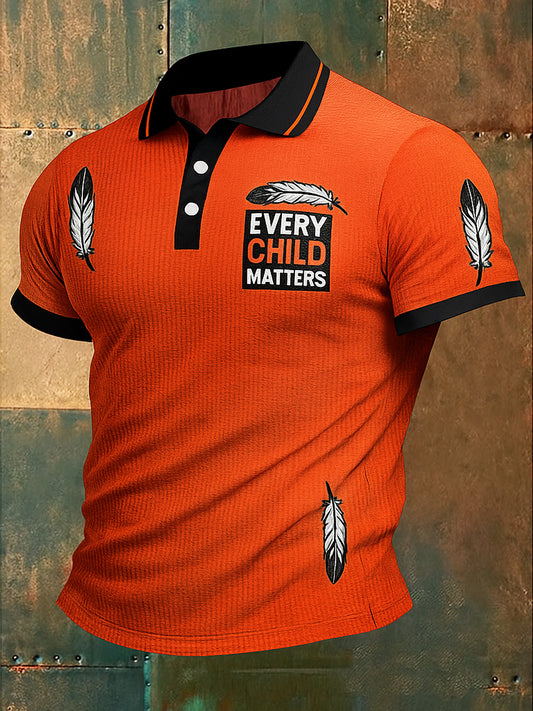 Every Child Matters Art Printed Waffle Texture Athletic V-Neck Short Sleeves Polo Shirt