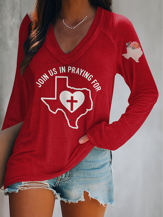 🙏💔Join us in praying for Texas.🙏V-neck Retro Pray For Texas Texas Strong Print T-Shirt