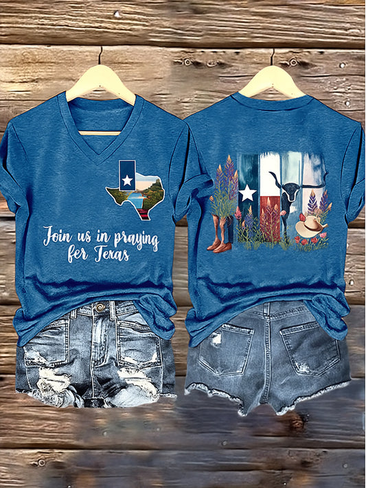 🙏💔Join us in praying for Texas.🙏Women's Texas Strong Printed Vintage V-Neck Short Sleeves T-Shirt