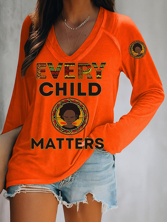 Every Child Matters Art Pattern Printed Vintage V-Neck Long Sleeves T-Shirt