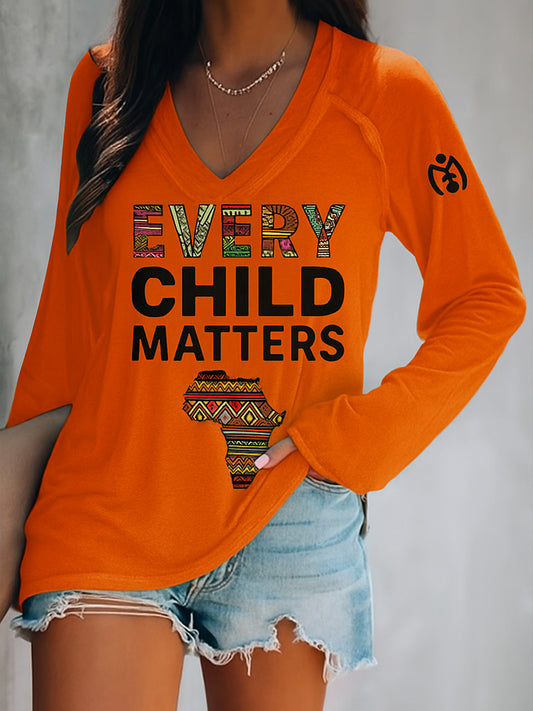 Every Child Matters Art Pattern Printed Vintage V-Neck Long Sleeves T-Shirt