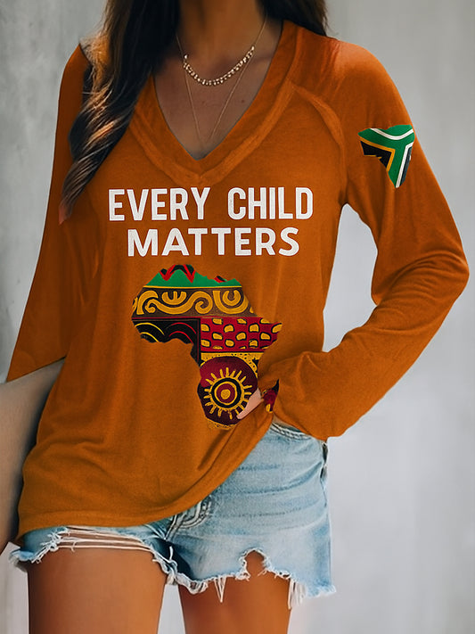 Every Child Matters Art Pattern Printed Vintage V-Neck Long Sleeves T-Shirt