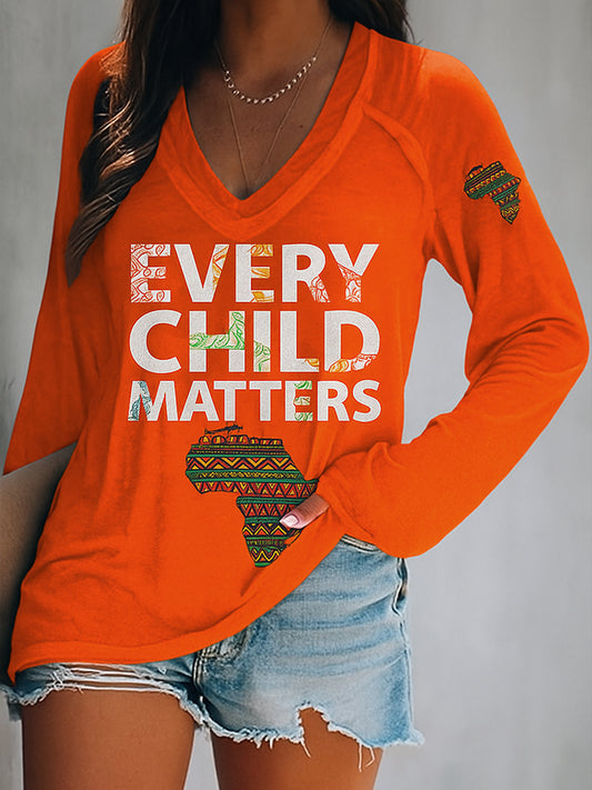 Every Child Matters Art Pattern Printed Vintage V-Neck Long Sleeves T-Shirt
