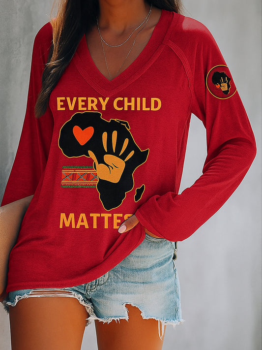 Every Child Matters Art Pattern Printed Vintage V-Neck Long Sleeves T-Shirt