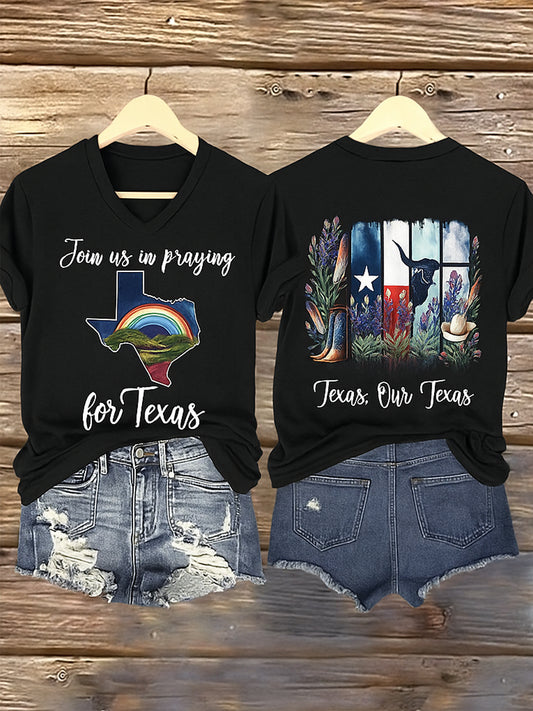 🙏💔Join us in praying for Texas.🙏Women's Texas Strong Printed Vintage V-Neck Short Sleeves T-Shirt