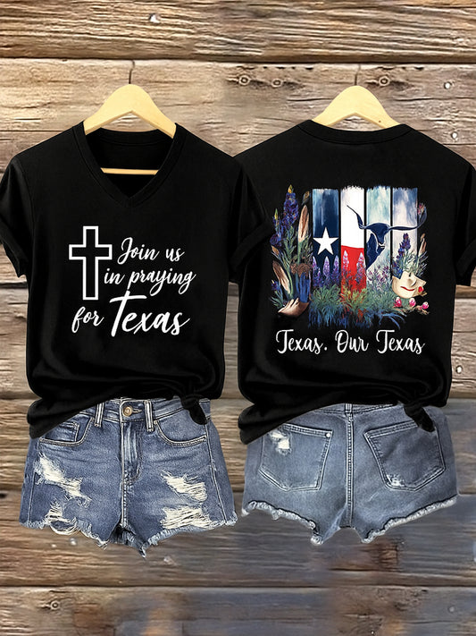 🙏💔Join us in praying for Texas.🙏Women's Texas Strong Printed Vintage V-Neck Short Sleeves T-Shirt