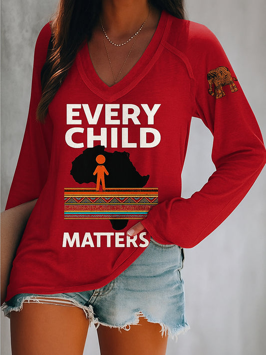 Every Child Matters Art Pattern Printed Vintage V-Neck Long Sleeves T-Shirt
