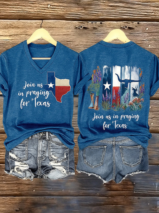 🙏💔Join us in praying for Texas.🙏Women's Texas Strong Printed Vintage V-Neck Short Sleeves T-Shirt