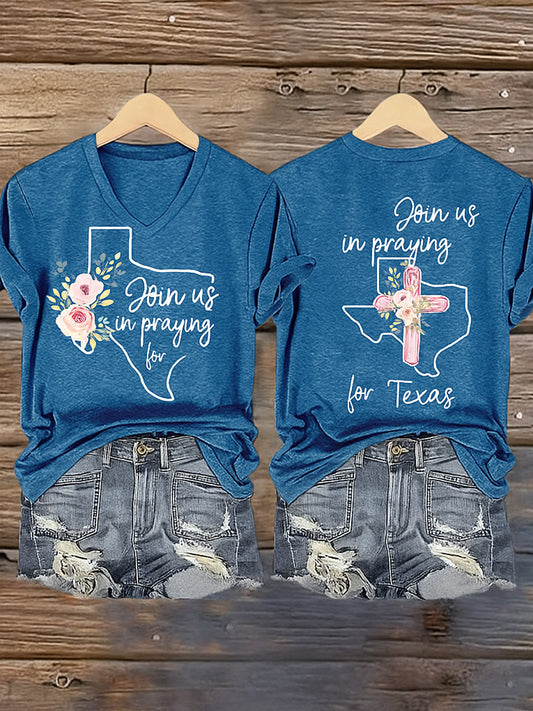 🙏💔Join us in praying for Texas.🙏Women's Texas Strong Printed Vintage V-Neck Short Sleeves T-Shirt