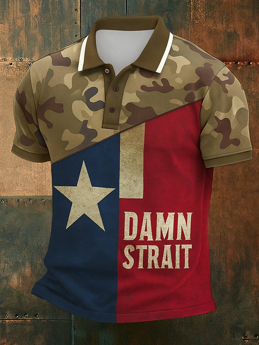 Retro Damn Strait Country Music Western Printed Vintage Style V-Neck Short Sleeves Polo-Shirt