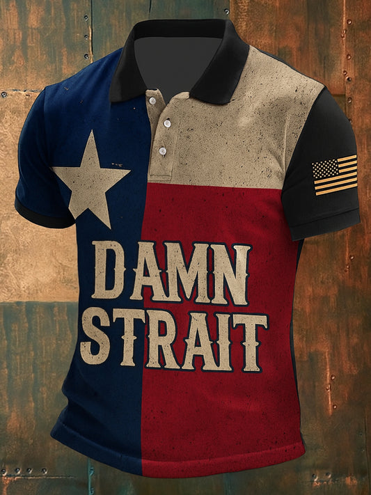 Retro Damn Strait Country Music Western Printed Vintage Style V-Neck Short Sleeves Polo-Shirt