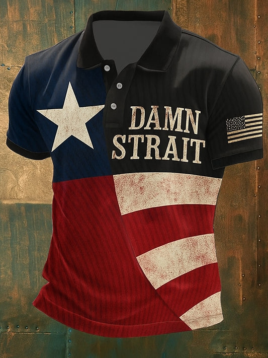 Retro Damn Strait Country Music Western Printed Vintage Style V-Neck Short Sleeves Polo-Shirt
