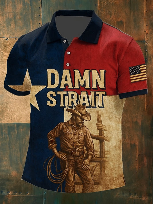 Retro Damn Strait Country Music Western Printed Vintage Style V-Neck Short Sleeves Polo-Shirt