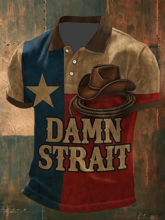 Retro Damn Strait Country Music Western Printed Vintage Style V-Neck Short Sleeves Polo-Shirt