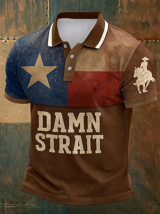 Retro Damn Strait Country Music Western Printed Vintage Style V-Neck Short Sleeves Polo-Shirt