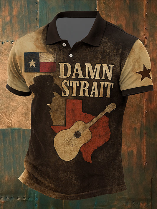 Retro Damn Strait Country Music Western Printed Vintage Style V-Neck Short Sleeves Polo-Shirt