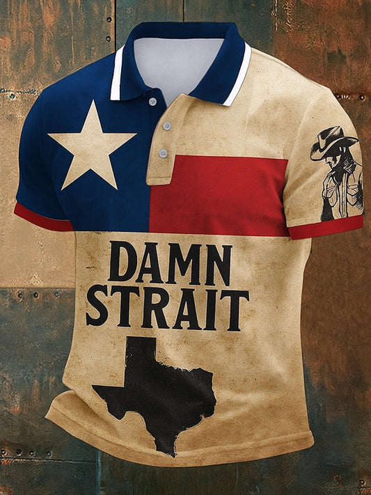 Retro Damn Strait Country Music Western Printed Vintage Style V-Neck Short Sleeves Polo-Shirt