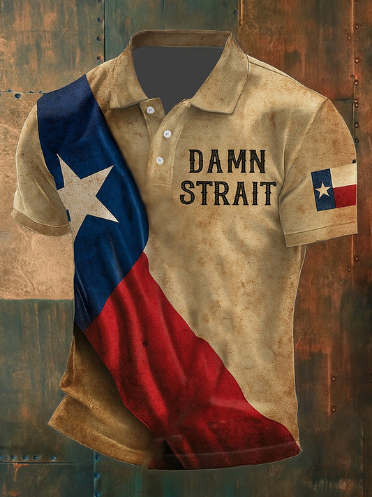 Retro Damn Strait Country Music Western Printed Vintage Style V-Neck Short Sleeves Polo-Shirt