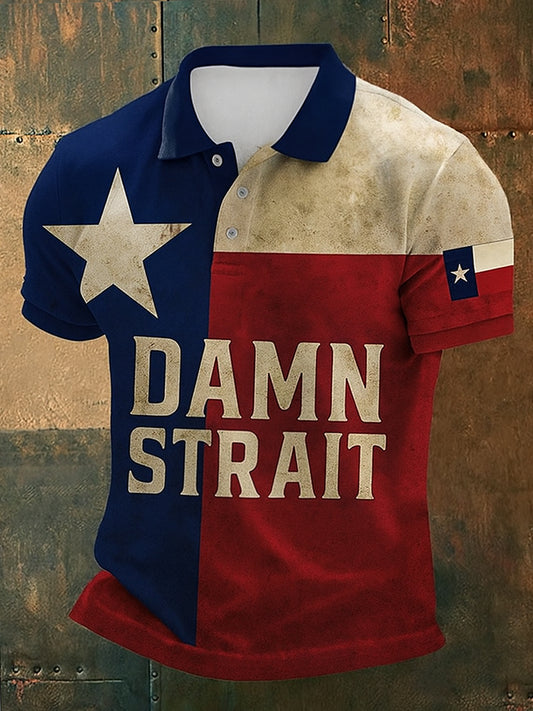 Retro Damn Strait Country Music Western Printed Vintage Style V-Neck Short Sleeves Polo-Shirt