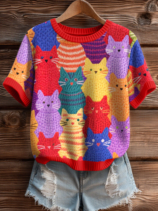 Women's Colorful Cats Pattern Cozy Knit Top
