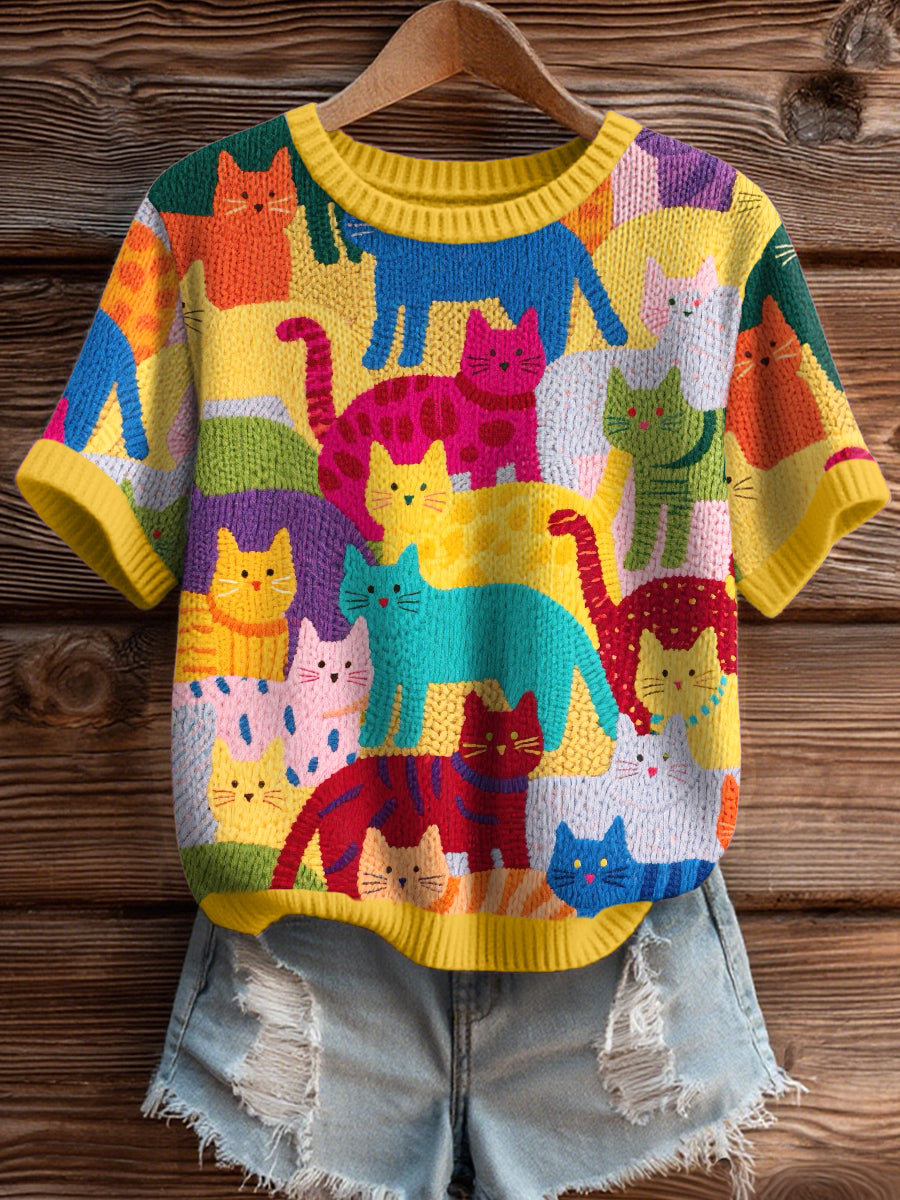 Women's Colorful Cats Pattern Cozy Knit Top