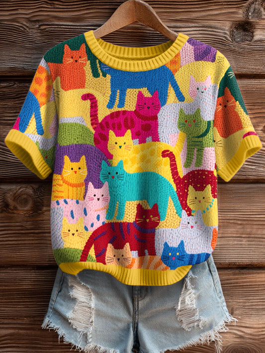 Women's Colorful Cats Pattern Cozy Knit Top