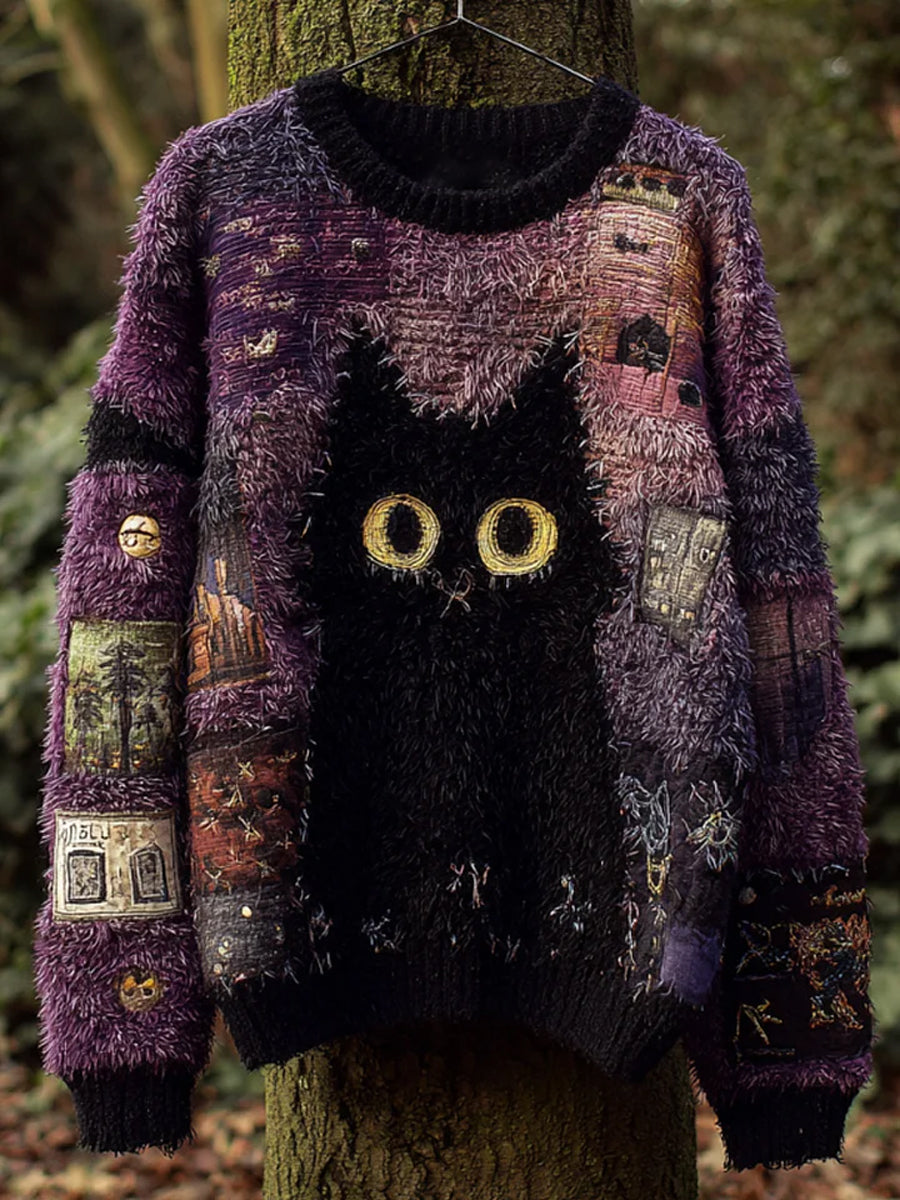 Women's Retro Black Cat Print Casual Sweater