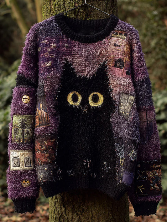 Women's Retro Black Cat Print Casual Sweater