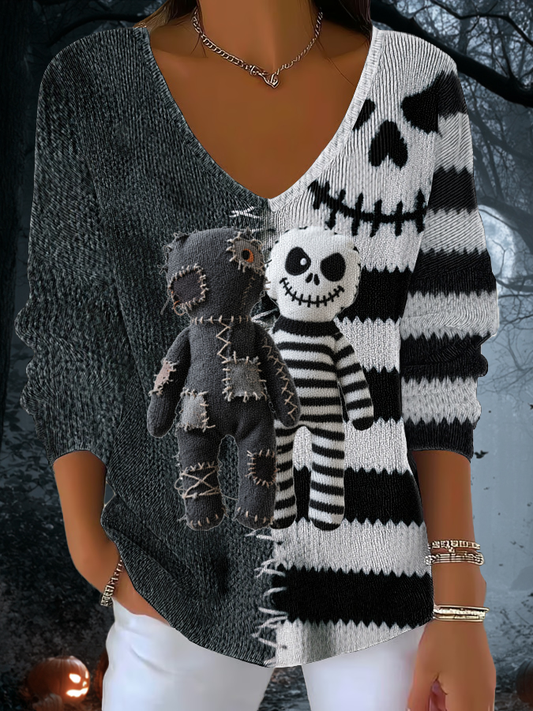 Women's  Halloween patchwork Dolls Ribbed Top