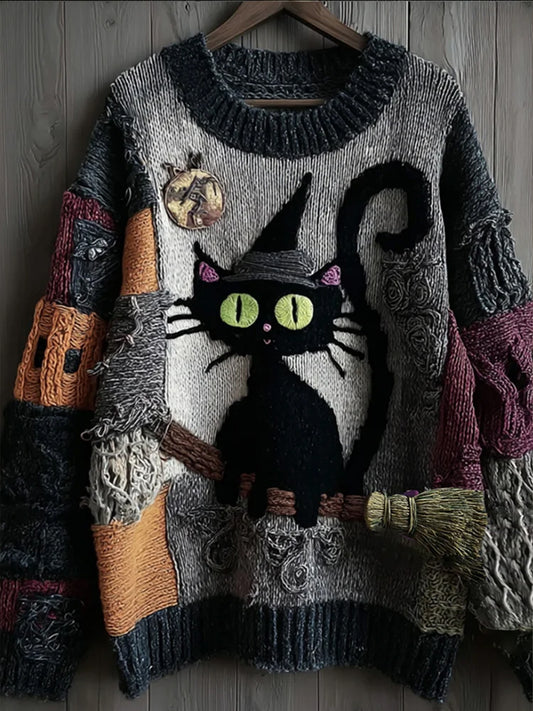 Women's Retro Black Cat Print Casual Sweater