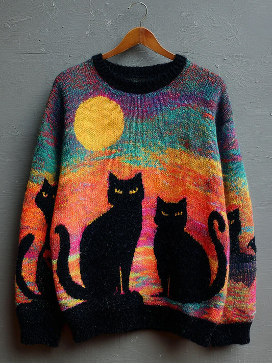 Women's Retro Black Cat Print Casual Sweater