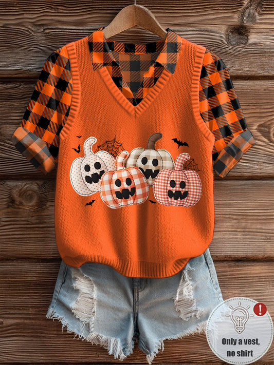 Women's plaid pumpkin V-neck vest