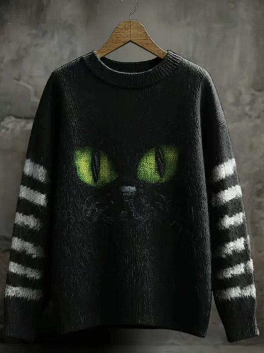 Women's Retro Black Cat Print Casual Sweater