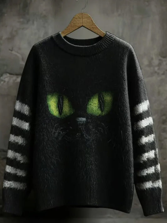 Women's Retro Black Cat Print Casual Sweater