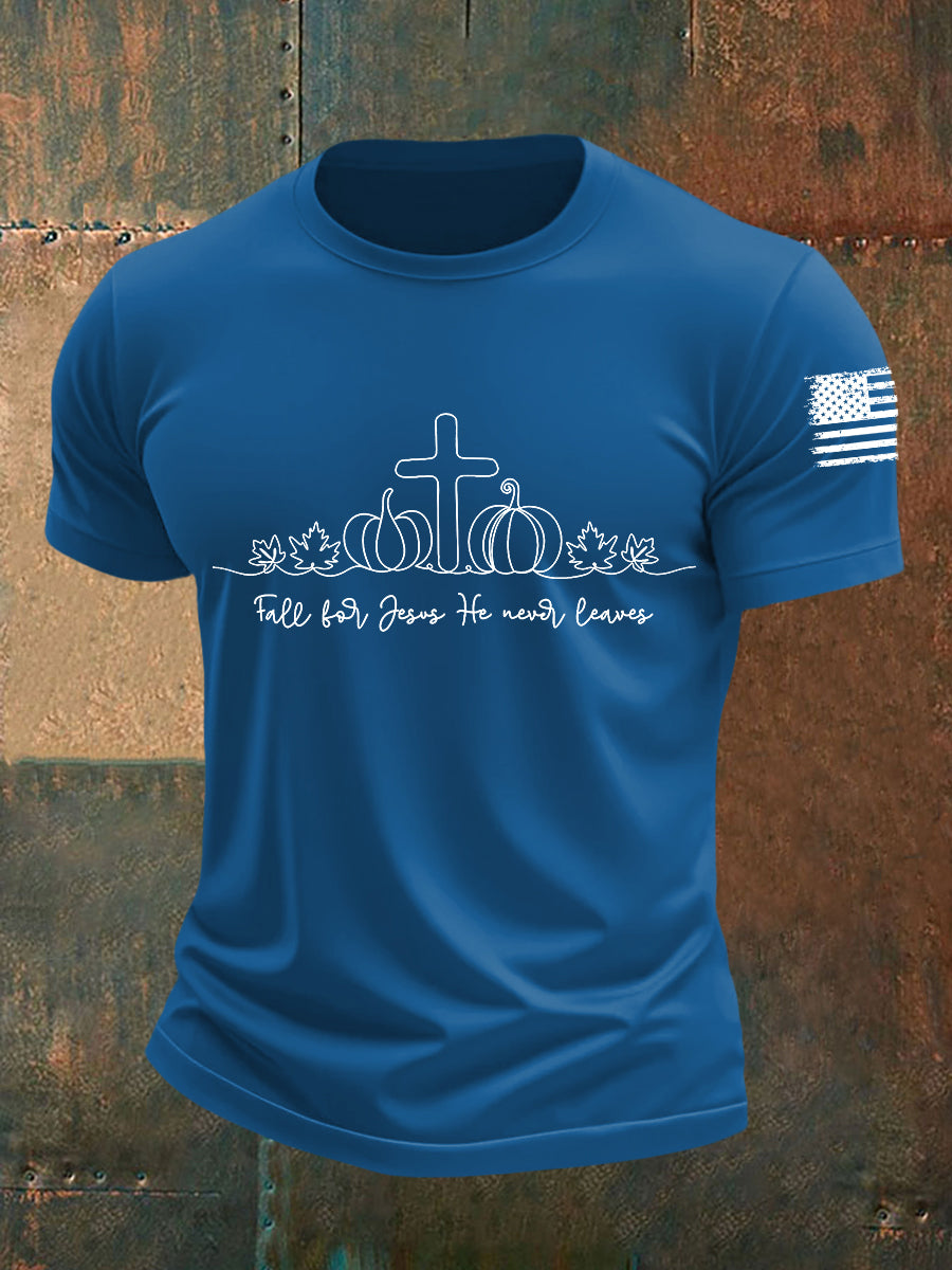 Men's Fall For Jesus He Never Leaves Short-sleeved T-shirt