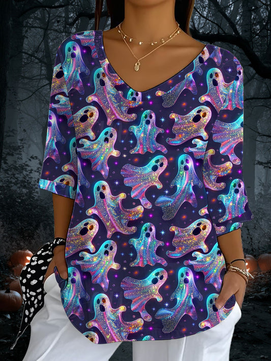 Women's Halloween Ghost Print Casual Half Sleeve Top