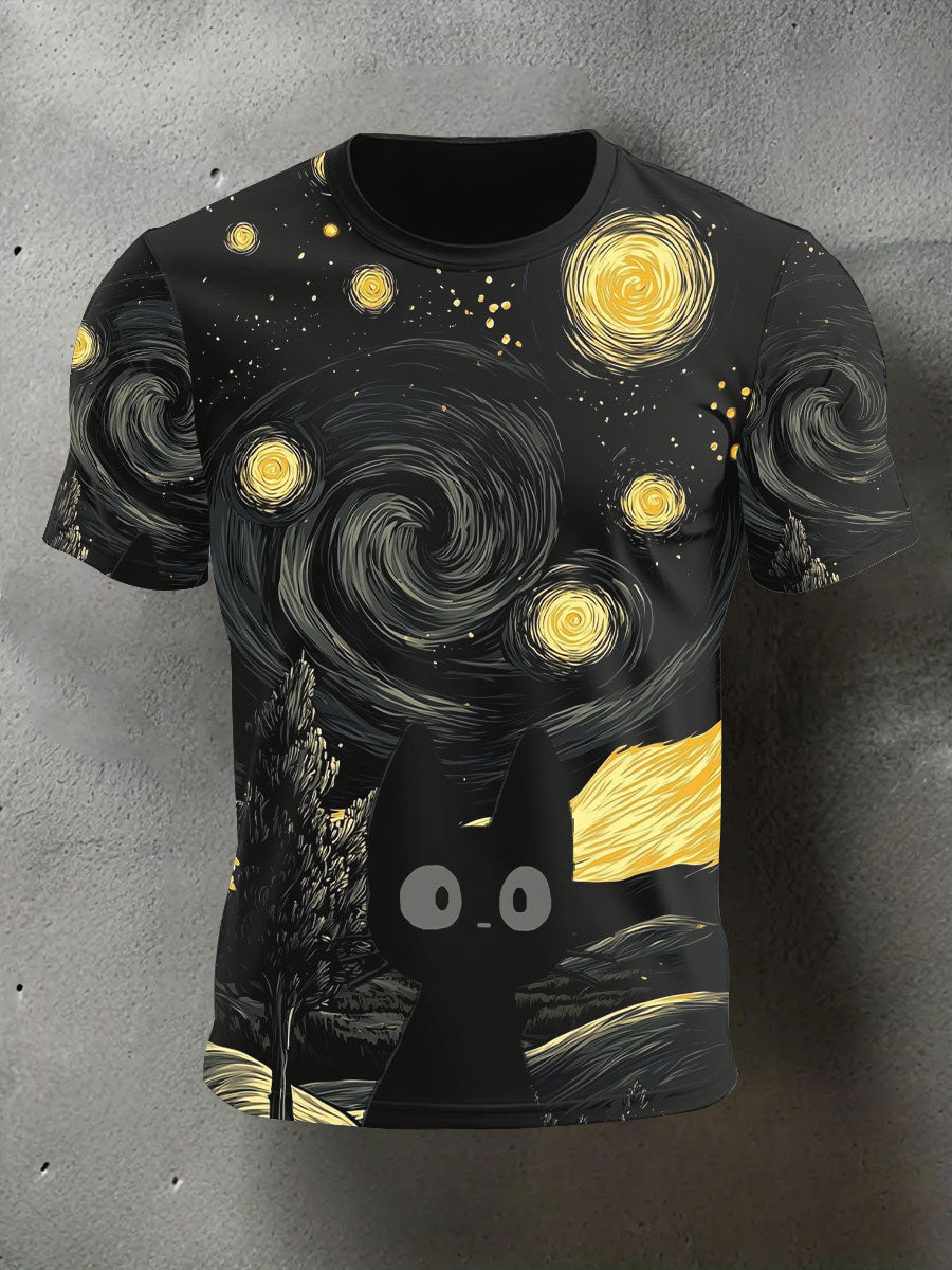 Men's Halloween Black Cat Print Casual T-shirt