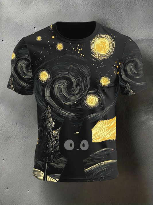 Men's Halloween Black Cat Print Casual T-shirt