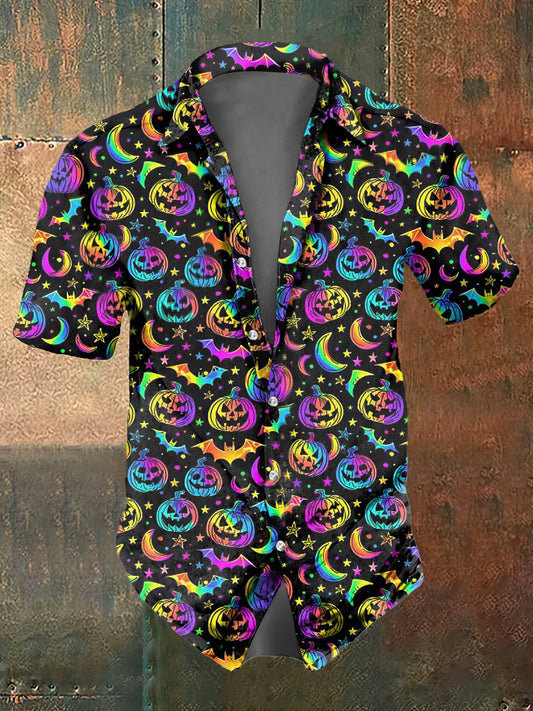 Men's Abstract Psychedelic Halloween Pumpkin Print Casual Short Sleeved Shirt