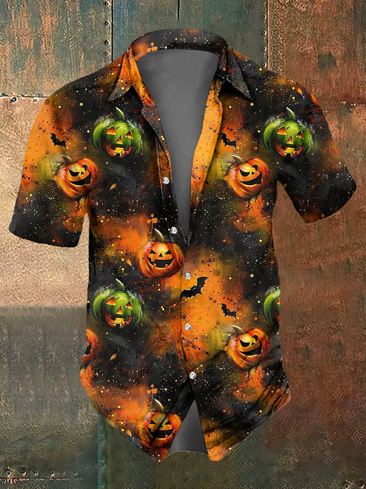 Men's Abstract Psychedelic Halloween Pumpkin Print Casual Short Sleeved Shirt