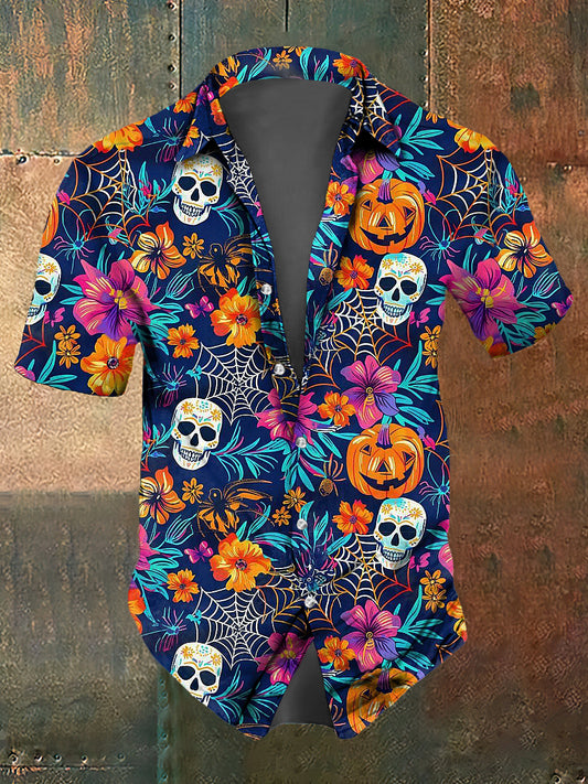 Men's Abstract Psychedelic Halloween Skull Print Casual Short Sleeved Shirt