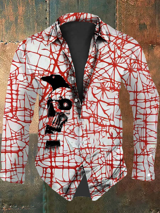 Retro Punk Halloween Bloody Raven Skull Lines Abstract Print Casual Long Sleeve Shirt