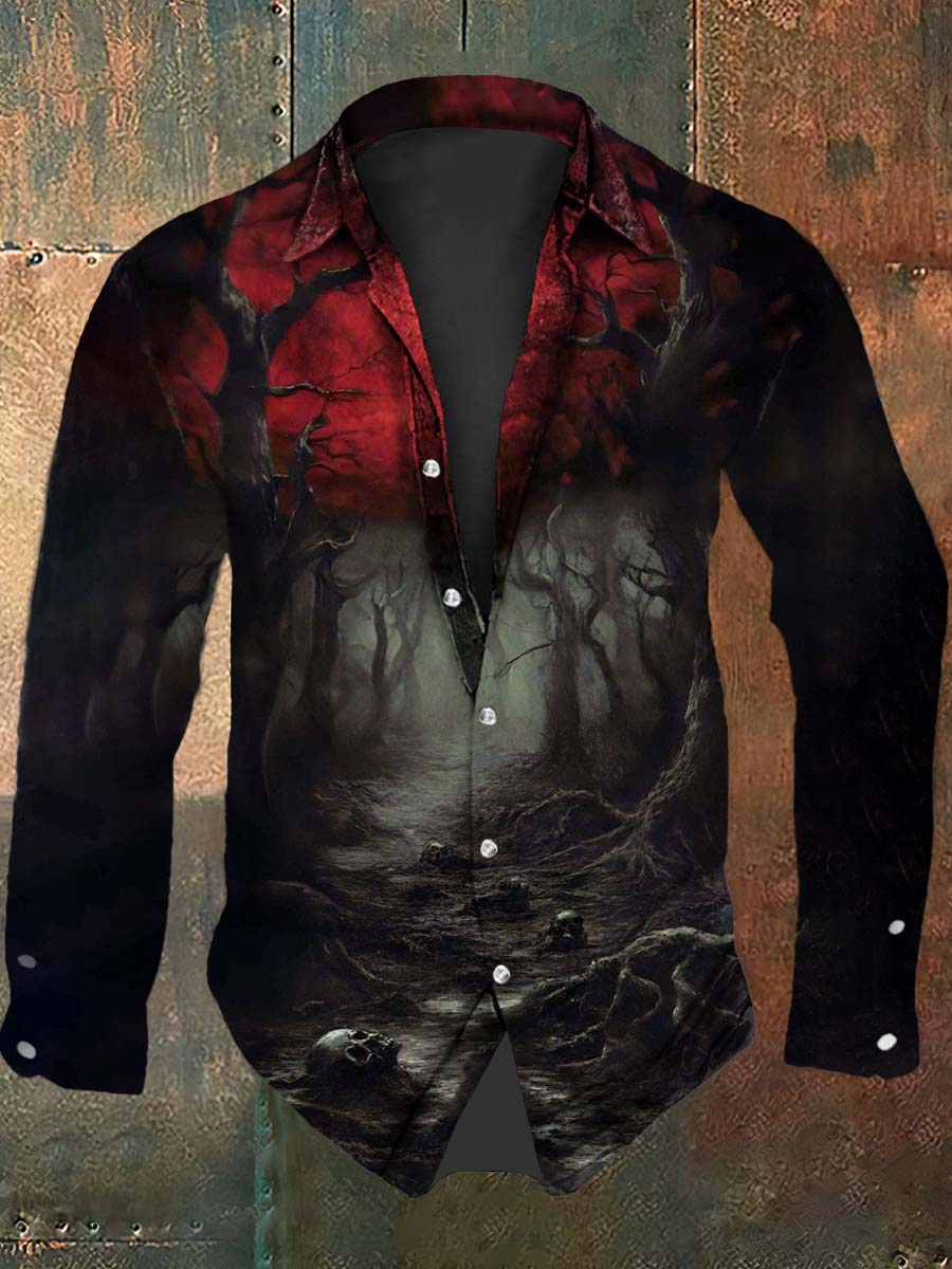 Retro Punk Halloween Bloody Skull Gradient Forest Abstract Print Casual Long Sleeve Shirt