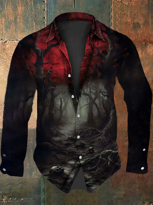 Retro Punk Halloween Bloody Skull Gradient Forest Abstract Print Casual Long Sleeve Shirt