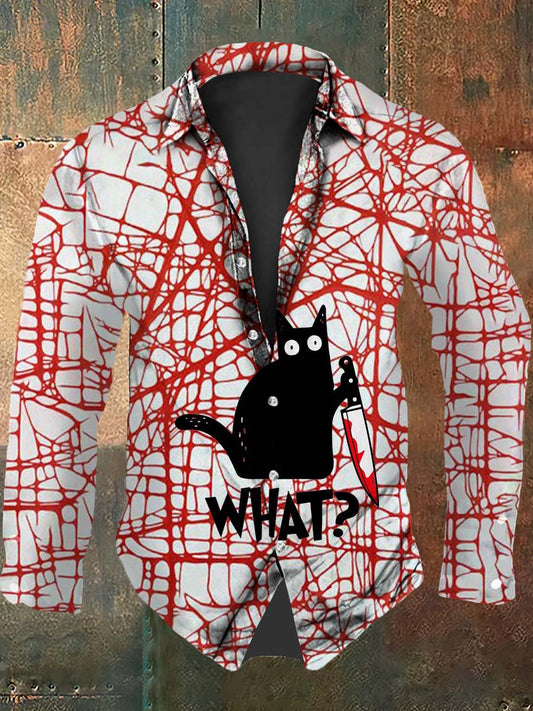 Retro Punk Halloween Bloody Black Cat Lines Abstract Print Casual Long Sleeve Shirt