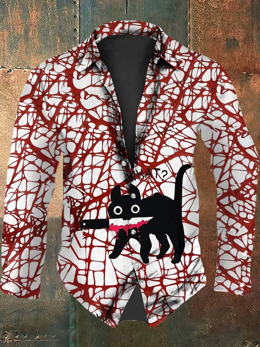 Retro Punk Halloween Bloody Black Cat Lines Abstract Print Casual Long Sleeve Shirt