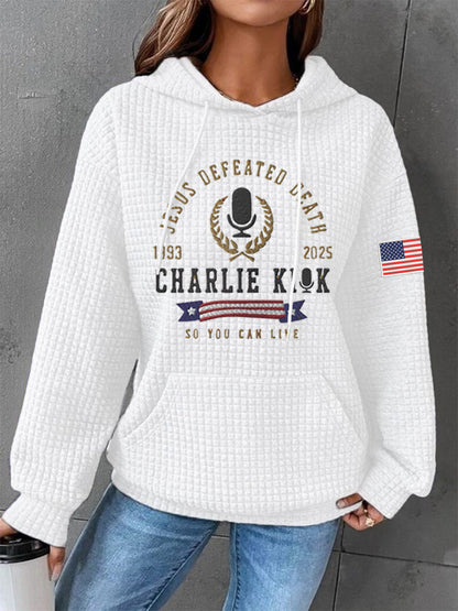 Women's Defeated Death So You Can Live R.I.P Charlie Kirk Waffle Hoodie