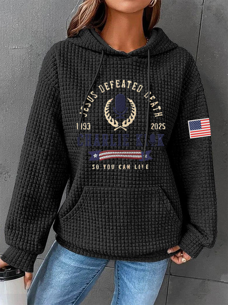 Women's Defeated Death So You Can Live R.I.P Charlie Kirk Waffle Hoodie