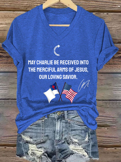 Women's May Charlie be accepted into the compassionate arms of our loving Savior Jesus" Charlie Kirk signed commemorative T-shirt