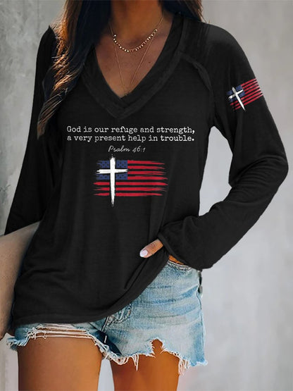Women's Faith Flag Double Layer Neck Long Sleeve T-Shirt